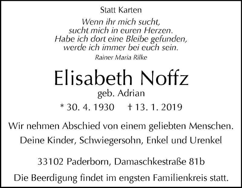  Traueranzeige für Elisabeth Noffz vom 16.01.2019 aus Westfalen-Blatt