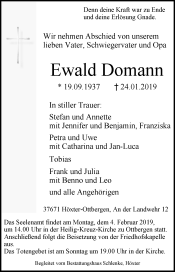 Traueranzeige von Ewald Domann von Westfalen-Blatt
