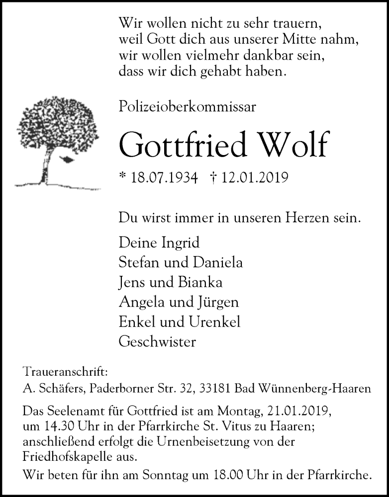  Traueranzeige für Gottfried Wolf vom 16.01.2019 aus Westfalen-Blatt