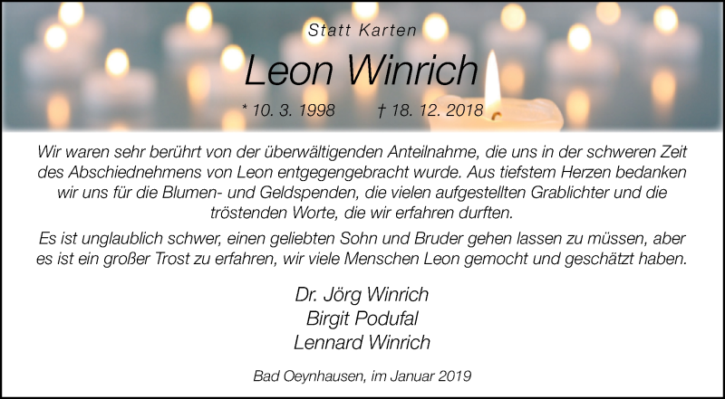  Traueranzeige für Leon Winrich vom 26.01.2019 aus Westfalen-Blatt