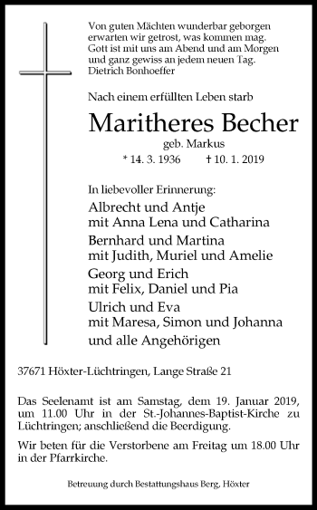 Traueranzeige von Maritheres Becher von Westfalen-Blatt