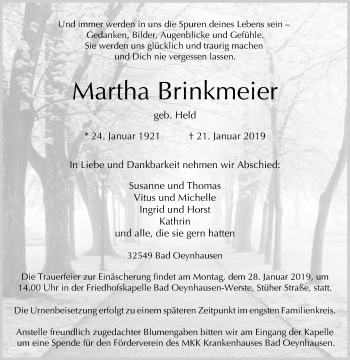 Traueranzeige von Martha Brinkmeier von Westfalen-Blatt