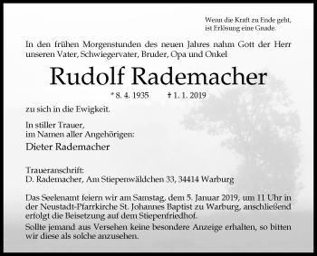 Traueranzeige von Rudolf Rademacher von Westfalen-Blatt