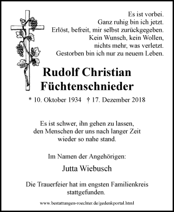 Traueranzeige von Rudolf Christian Füchtenschnieder von Westfalen-Blatt