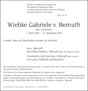 Traueranzeige von Wiebke Gabriele v. Bernuth von Westfalen-Blatt