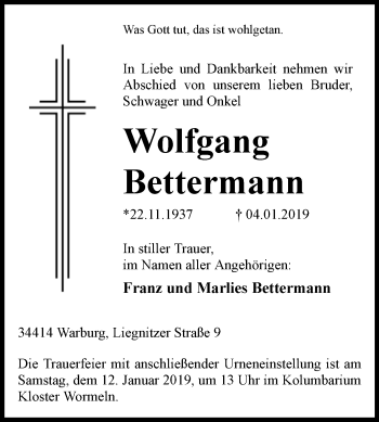 Traueranzeige von Wolfgang Bettermann von Westfalen-Blatt