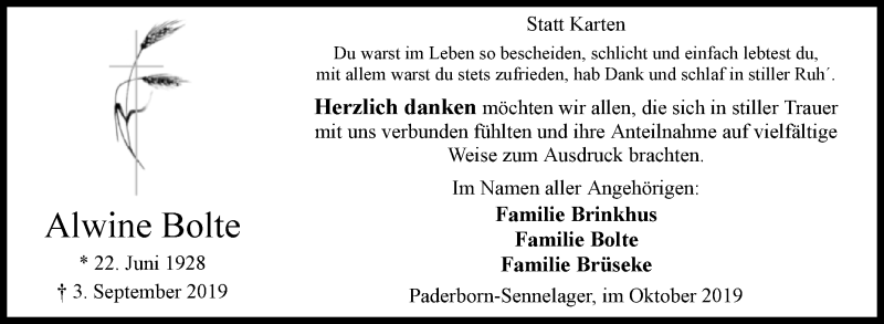  Traueranzeige für Alwine Bolte vom 26.10.2019 aus Westfalen-Blatt