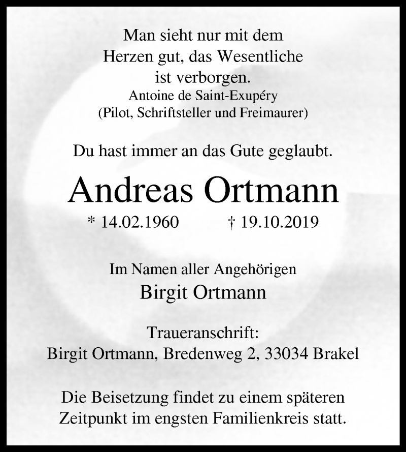  Traueranzeige für Andreas Ortmann vom 22.10.2019 aus Westfalen-Blatt