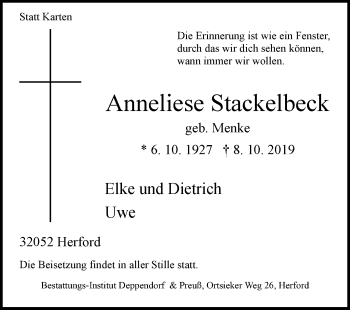 Traueranzeige von Anneliese Stackelbeck von Westfalen-Blatt
