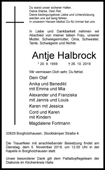 Traueranzeige von Antje Halbrock von Westfalen-Blatt