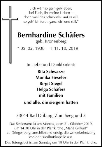 Traueranzeige von Bernhardine Schäfers von Westfalen-Blatt