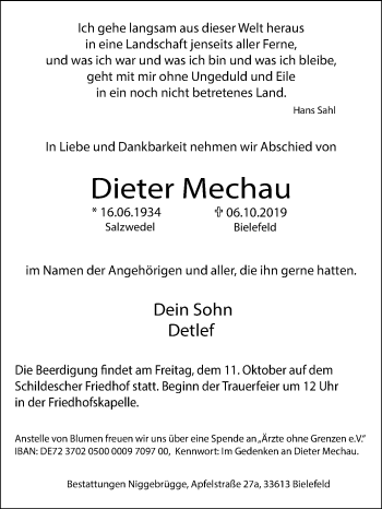Traueranzeige von Dieter Mechau von Westfalen-Blatt