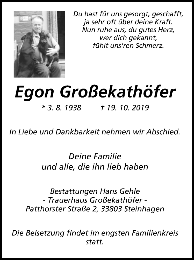  Traueranzeige für Egon Großekathöfer vom 26.10.2019 aus Westfalen-Blatt