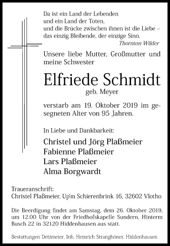 Traueranzeige von Elfriede Schmidt von Westfalen-Blatt
