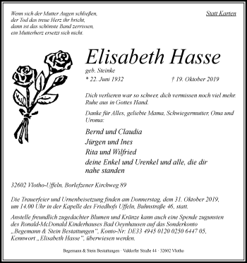 Traueranzeige von Elisabeth Hasse von Westfalen-Blatt