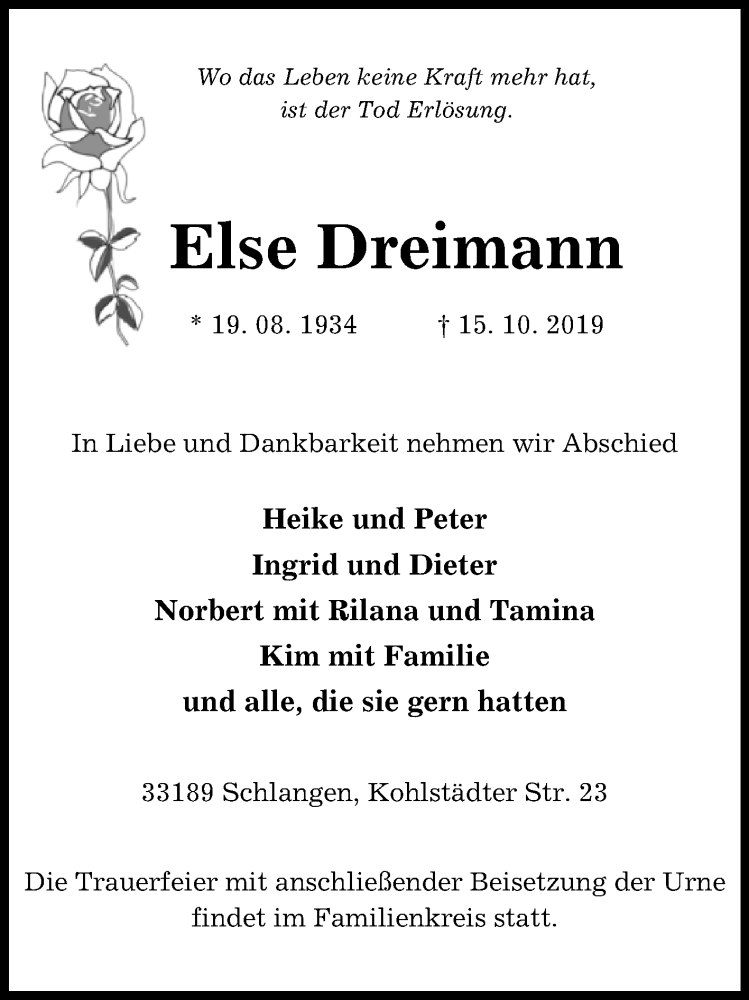  Traueranzeige für Else Dreimann vom 17.10.2019 aus Westfalen-Blatt
