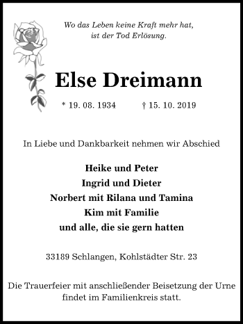 Traueranzeige von Else Dreimann von Westfalen-Blatt
