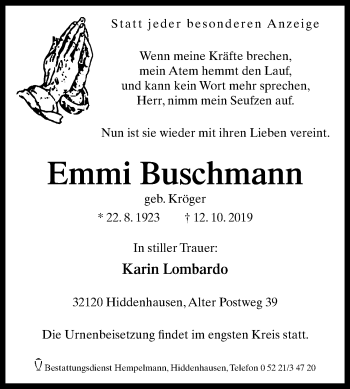 Traueranzeige von Emmi Buschmann von Westfalen-Blatt