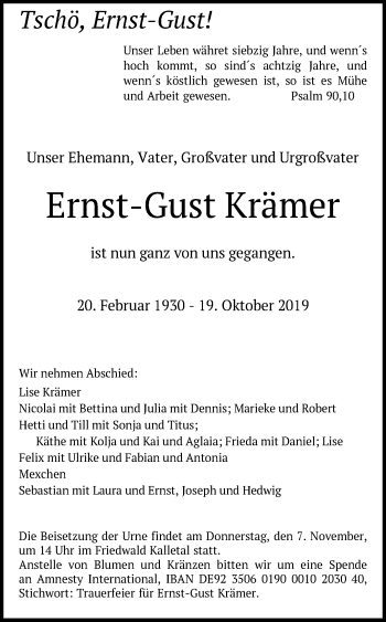 Traueranzeige von Ernst-Gust Krämer von Westfalen-Blatt