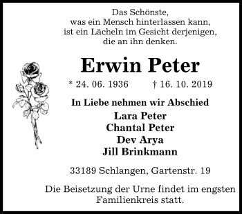 Traueranzeige von Erwin Peter von Westfalen-Blatt