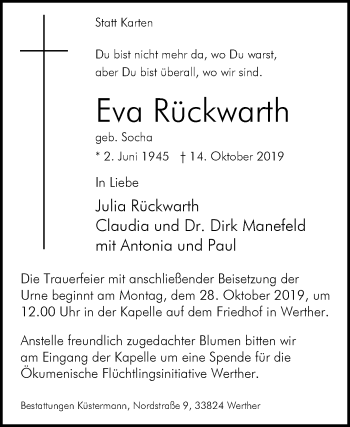 Traueranzeige von Eva Rückwarth von Westfalen-Blatt