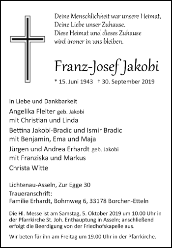 Traueranzeige von Franz-Josef Jakobi von Westfalen-Blatt