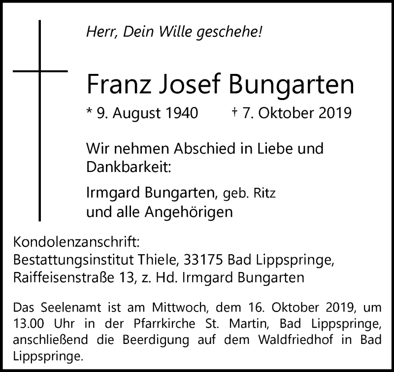  Traueranzeige für Franz Josef Bungarten vom 10.10.2019 aus Westfalen-Blatt