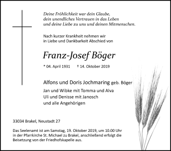 Traueranzeige von Franz Josef Böger von Westfalen-Blatt