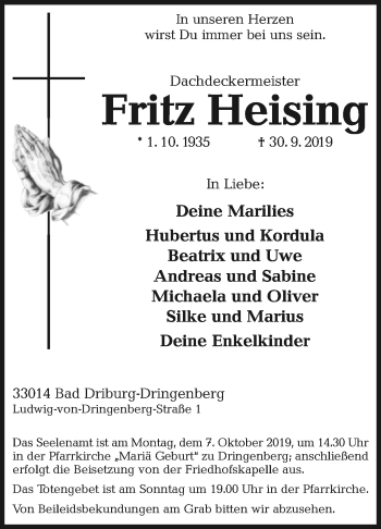 Traueranzeige von Fritz Heising von Westfalen-Blatt