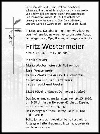 Traueranzeige von Fritz Westermeier von Westfalen-Blatt
