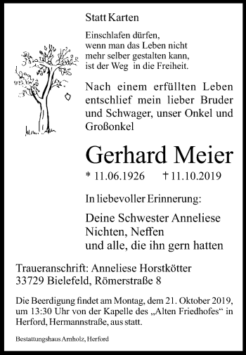 Traueranzeige von Gerhard Meier von Westfalen-Blatt
