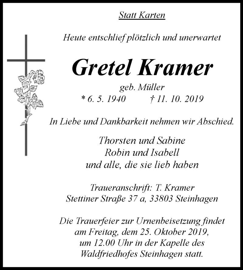  Traueranzeige für Gretel Kramer vom 19.10.2019 aus Westfalen-Blatt