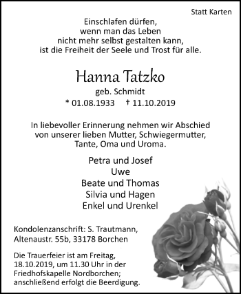Traueranzeige von Hanna Tatzko von Westfalen-Blatt