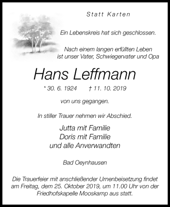 Traueranzeige von Hans Leffmann von Westfalen-Blatt