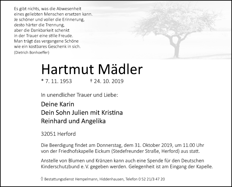  Traueranzeige für Hartmut Mädler vom 26.10.2019 aus Westfalen-Blatt