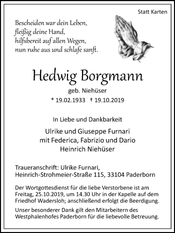 Traueranzeige von Hedwig Borgmann von Westfalen-Blatt