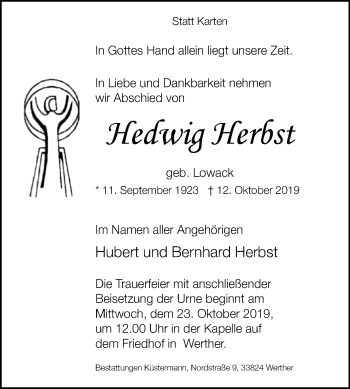 Traueranzeige von Hedwig Herbst von Westfalen-Blatt