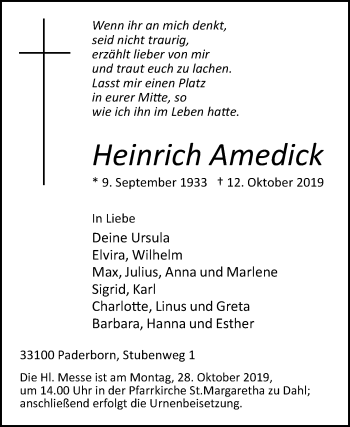 Traueranzeige von Heinrich Amedick von Westfalen-Blatt