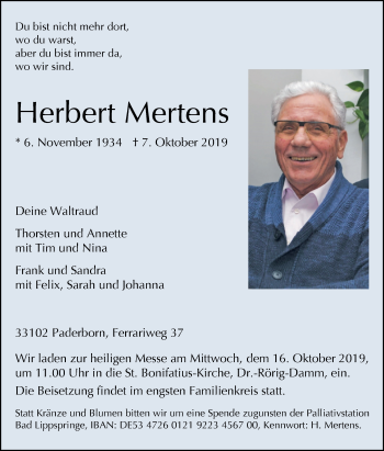 Traueranzeige von Herbert Mertens von Westfalen-Blatt