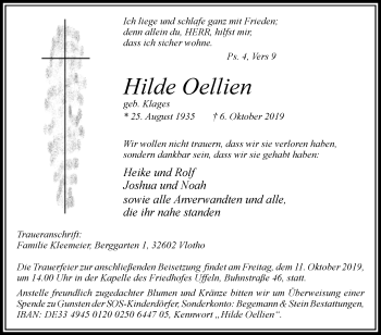 Traueranzeige von Hilde Oellien von Westfalen-Blatt
