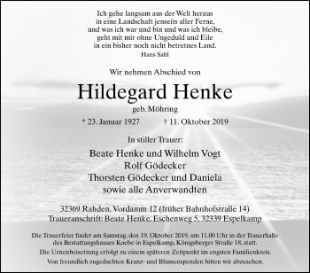 Traueranzeige von Hildegard Henke von Westfalen-Blatt