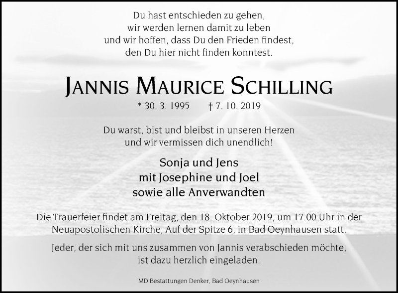  Traueranzeige für Jannis Maurice Schilling vom 12.10.2019 aus Westfalen-Blatt