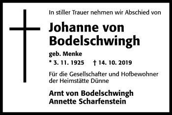 Traueranzeige von Johanne von Bodelschwingh von Westfalen-Blatt