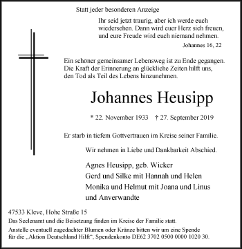 Traueranzeige von Johannes Heusipp von Westfalen-Blatt