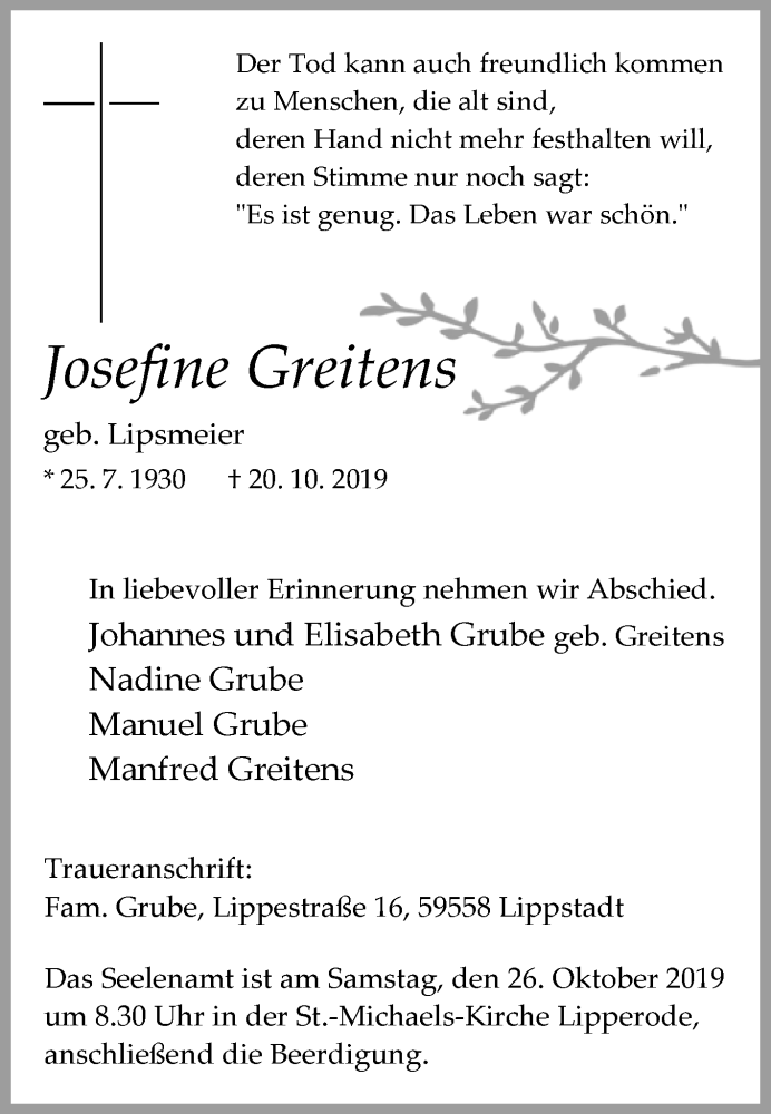  Traueranzeige für Josefine Greitens vom 23.10.2019 aus Westfalen-Blatt