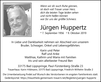 Traueranzeige von Jürgen Huppertz von Westfalen-Blatt