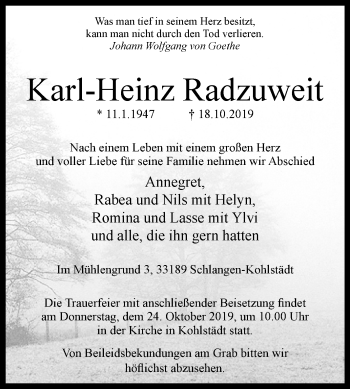 Traueranzeige von Karl-Heinz Radzuweit von Westfalen-Blatt