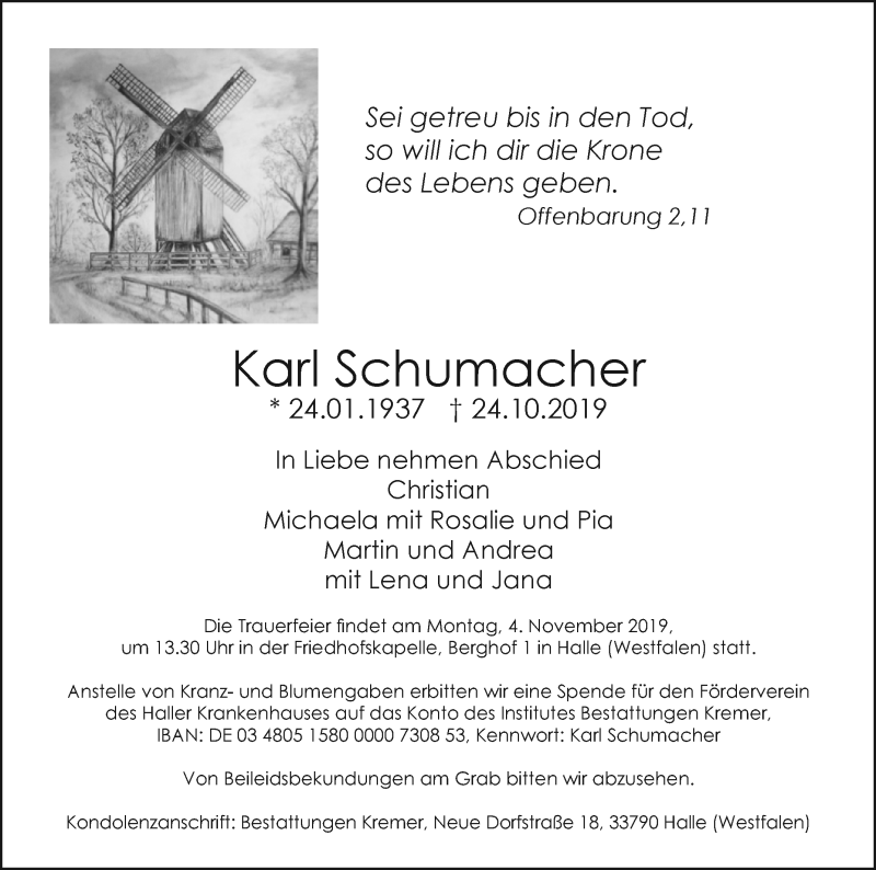  Traueranzeige für Karl Schumacher vom 30.10.2019 aus Westfalen-Blatt