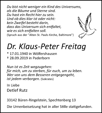 Traueranzeige von Klaus-Peter Freitag von Westfalen-Blatt