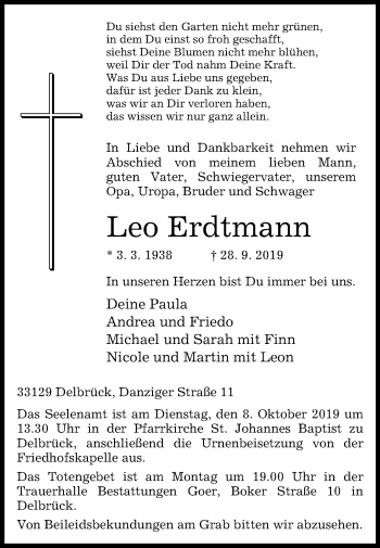 Traueranzeige von Leo Erdtmann von Westfalen-Blatt
